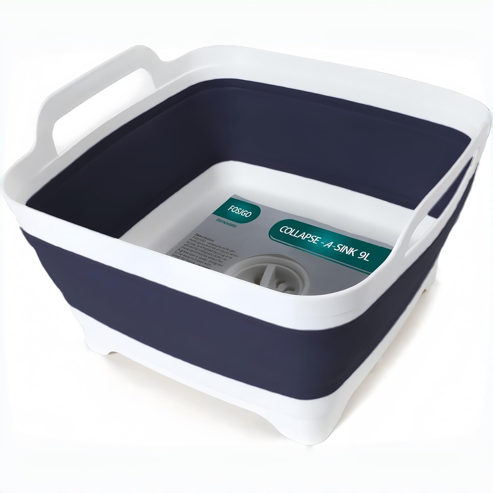 FOSJGO Collapsible Dish Basin with Drain Plug, Foldable Sink, 2.4 Gal (9L)