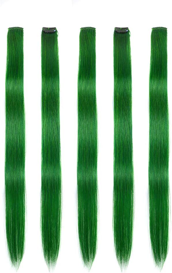 Winsky Green Party Highlights Clip in Hair Extensions 100% Real Human Hair - Straight Clip on Colored Hair Extensions 5 Pieces/Set (18inch, Grass Green)