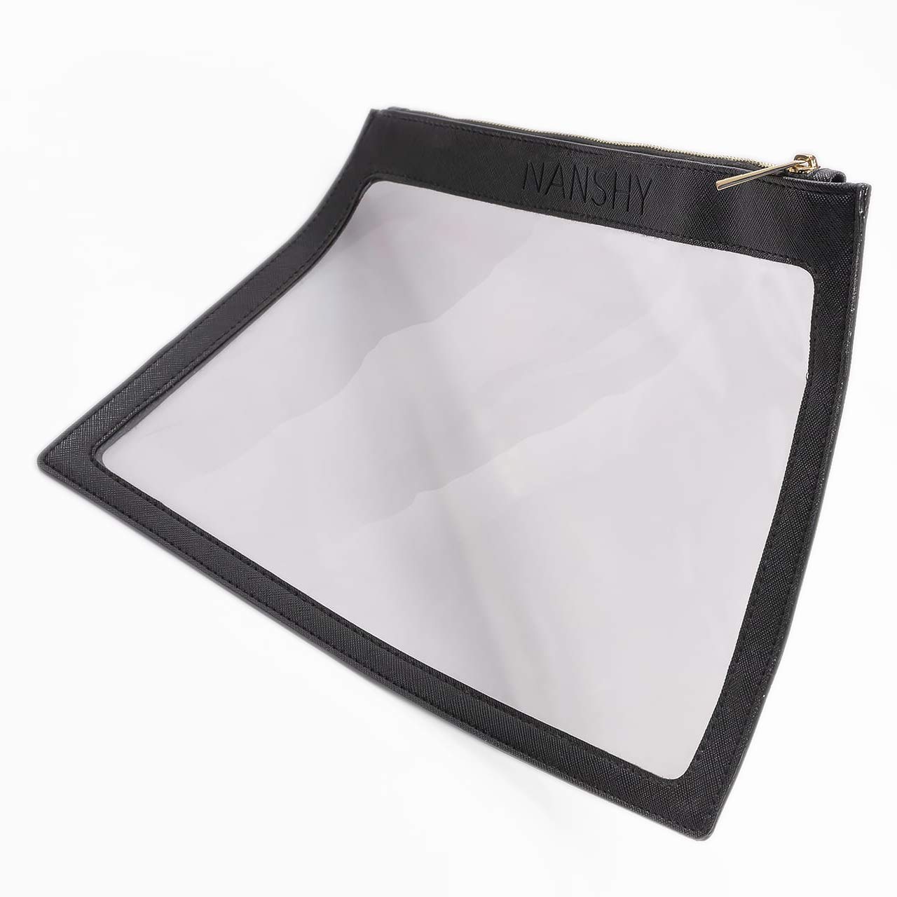 Nanshy Clear Make up Bag - Black Makeup Organiser - Slim Flat Makeup Bag wit Zipper - Clear Pencil Case - Clear Toiletry Bag (Large Capacity, See Through) - 11.5" x 8"