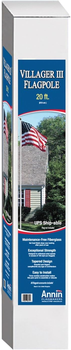 American Flag and Flagpole Set 20 Ft. White Fiberglass 3 Section Flagpole has Exceptional Strength, Includes a US Flag 4x6 ft. by Annin Flagmakers, Villager III Kit Model 3952