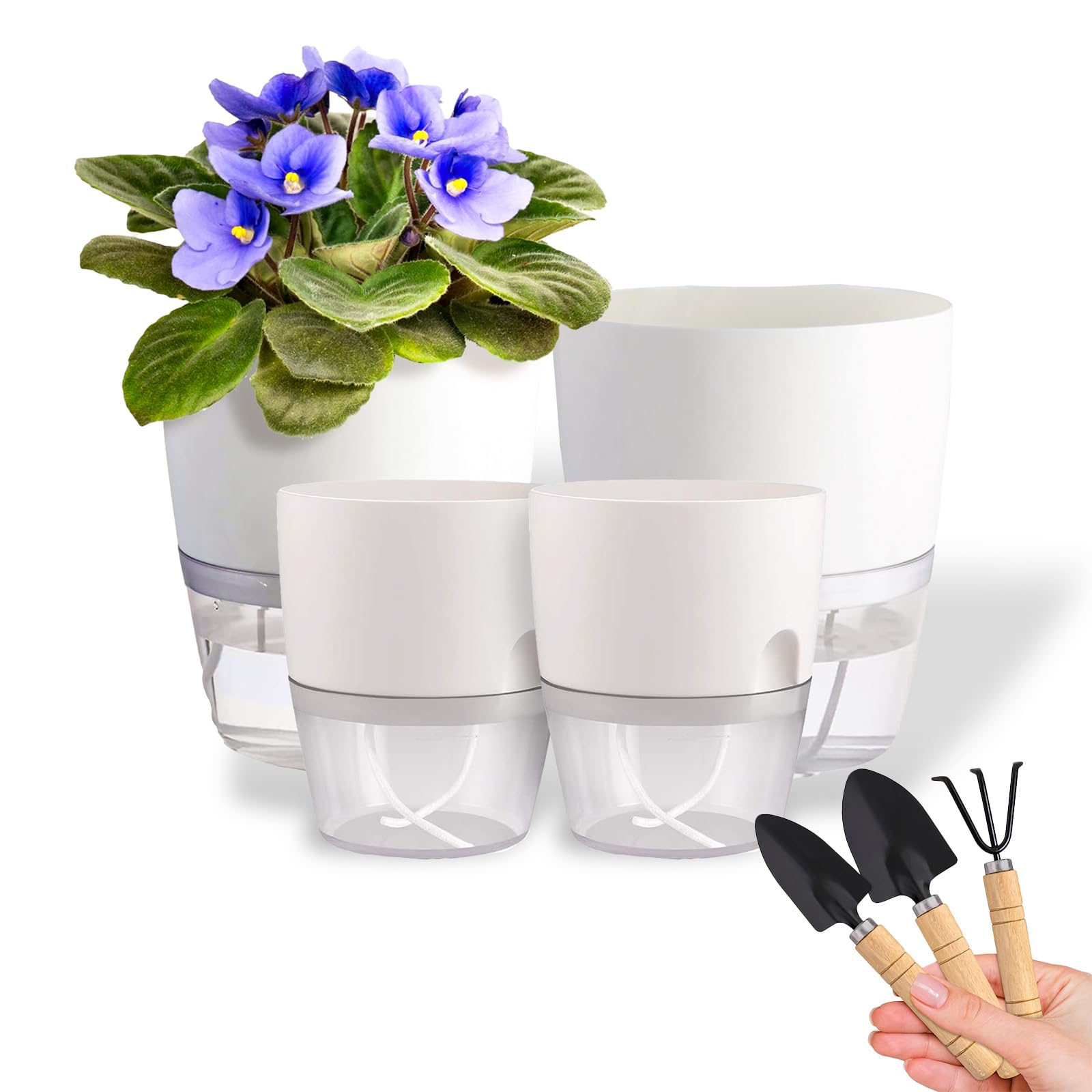 DHSUN Herb Pot Kitchen Set, Automatic Watering, 4-Piece Set, Large Outdoor Planter, Planter with Irrigation System (13.8CM high 2 pieces + 11.3CM high 2 pieces)