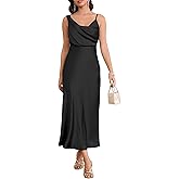 LUNAMODA Women's Summer Satin Dress Elegant Cowl Neck Adjustable Spaghetti Strap Wedding Guest Cocktail Party Maxi Dresses Black, Medium