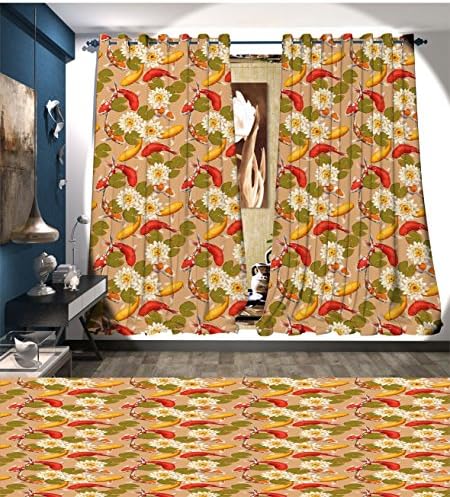 RuppertTextile Asian Window Curtain Drape Japanese Koi Fishes Swimming with Lotus Flowers Zen Yoga Meditation Boho Pattern Decorative Curtains For Living Room Multicolor