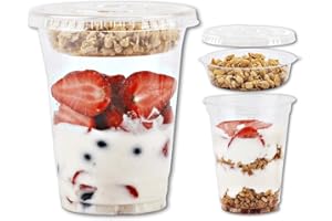 Aatriet 12 oz Clear Plastic Parfait Cups with Insert 3.25oz & Flat Lids No Hole - (50 Sets) Yogurt Fruit Parfait Cups for Kids, for Dips and Veggies, Take Away Breakfast and Snacks. No Leaking