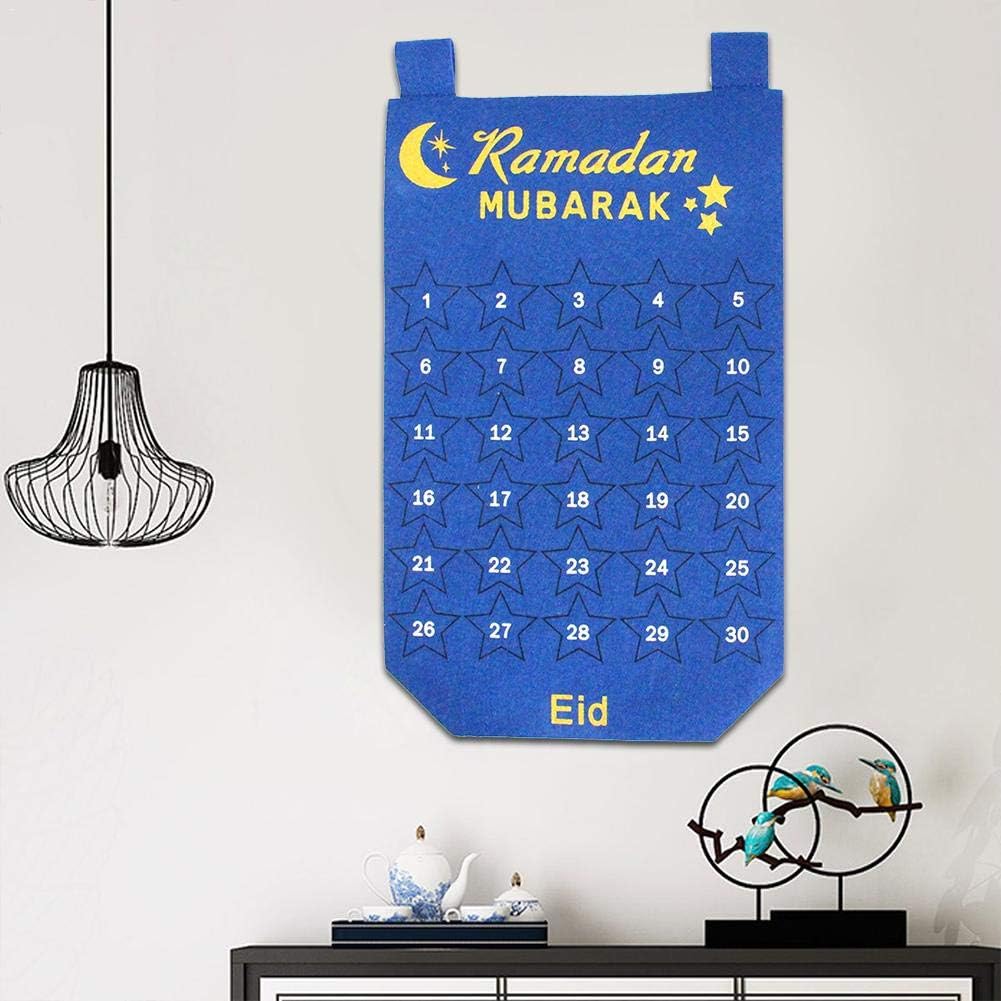 Luerme EID Mubarak Kareem Ramadan Calendar Countdown Felt Calendar Islamic Ornament Muslim Gold Star Sticker Wall Hanging DIY Ramadan Party Decoration