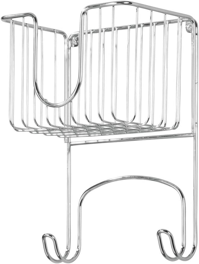 mDesign Wall Mount Metal Ironing Board Holder with Small Storage Basket - Holds Iron, Board, Spray Bottles, Starch, Fabric Refresher for Laundry Rooms - Chrome: Home & Kitchen