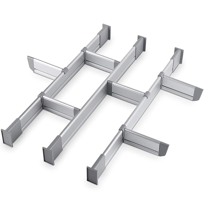 Separadores Ajustables de Cajones de Cocina, Elegante Organizador Modular de Aluminio, Juego de 9 Separadores (Corto | para Cajones 39 cm - 44,5 cm de largo) de Practical Comfort