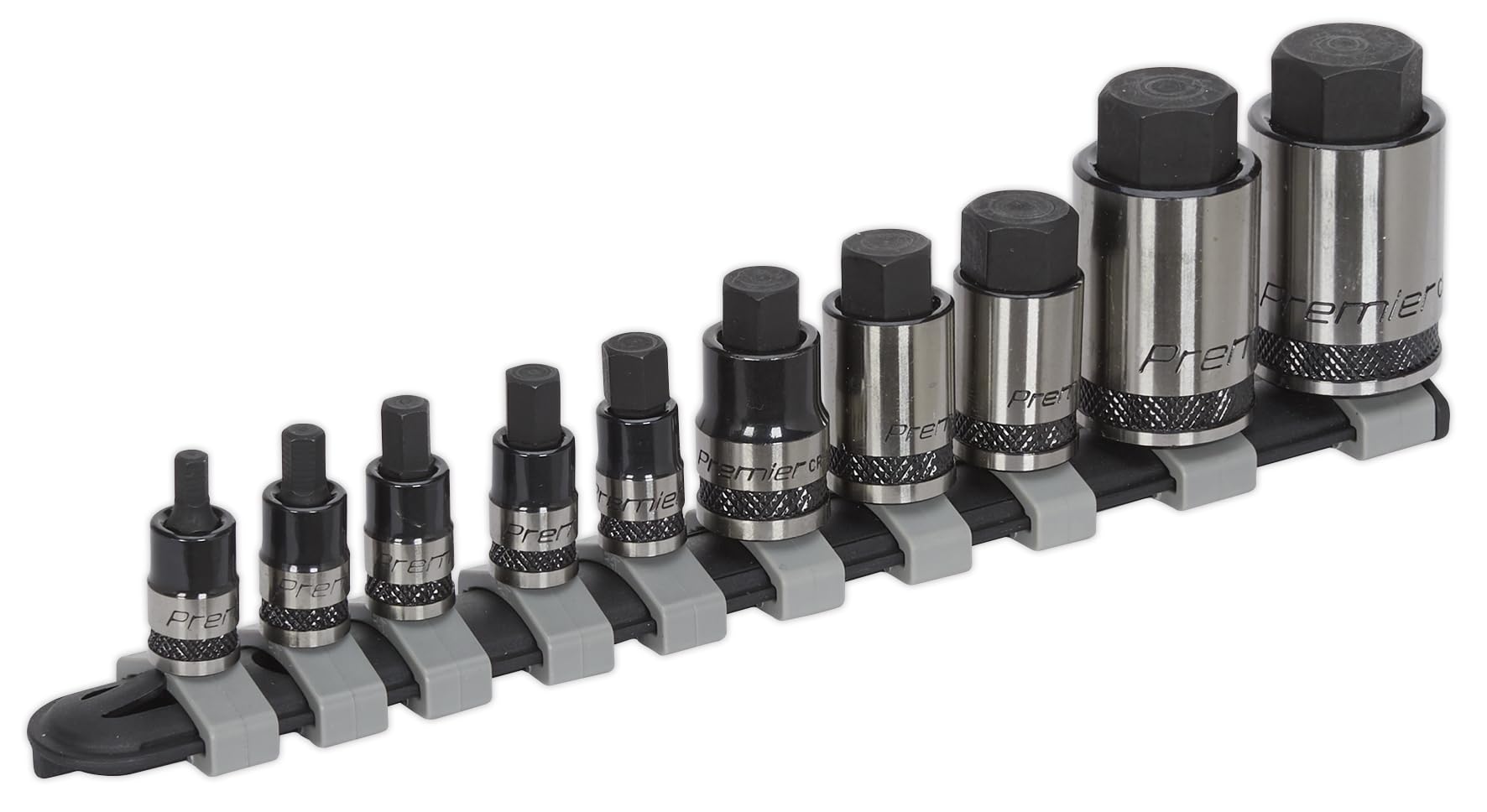 Sealey AK6229B 10pc 1/4", 3/8" & 1/2"Sq Drive Stubby Hex Socket Bit Set - Black Series