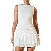 Milumia Women's Boat Neck Bodycon Mini Dresses Sexy Sleeveless Ruched Ruffle Hem Club Party Short Dress