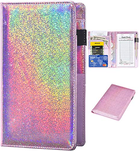 Server Books for Waitress - Glitter Leather Waiter Book Server Wallet with Zipper Pocket, Cute Waitress Book&Waitstaff Organizer with Money Pocket Fit Server Apron（Glitter Rose Gold）