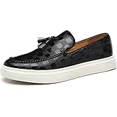 Zeberfi Men's Plaid Pattern Leather Slip On Tassel Loafers Fashion Round Toe Low Top Non-Slip Luxury Business Casual Shoes
