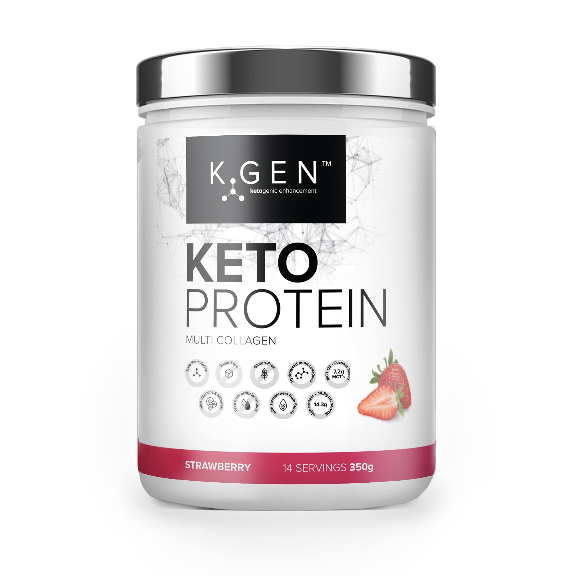 K-GEN™ Keto Collagen Protein Powder Blend of Natural Multi Collagen Strawberry Powder, Coconut MCT, Vitamin C+B6 with Stevia | UK Made for Keto, Paleo & Primal | Free-from: Sugar, Whey & Gluten