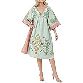 Joiemont Womens Oversized Floral Embroidered Long Dress with V-Neck and 3/4 Sleeves Vintage Embroidery Babydoll Dress