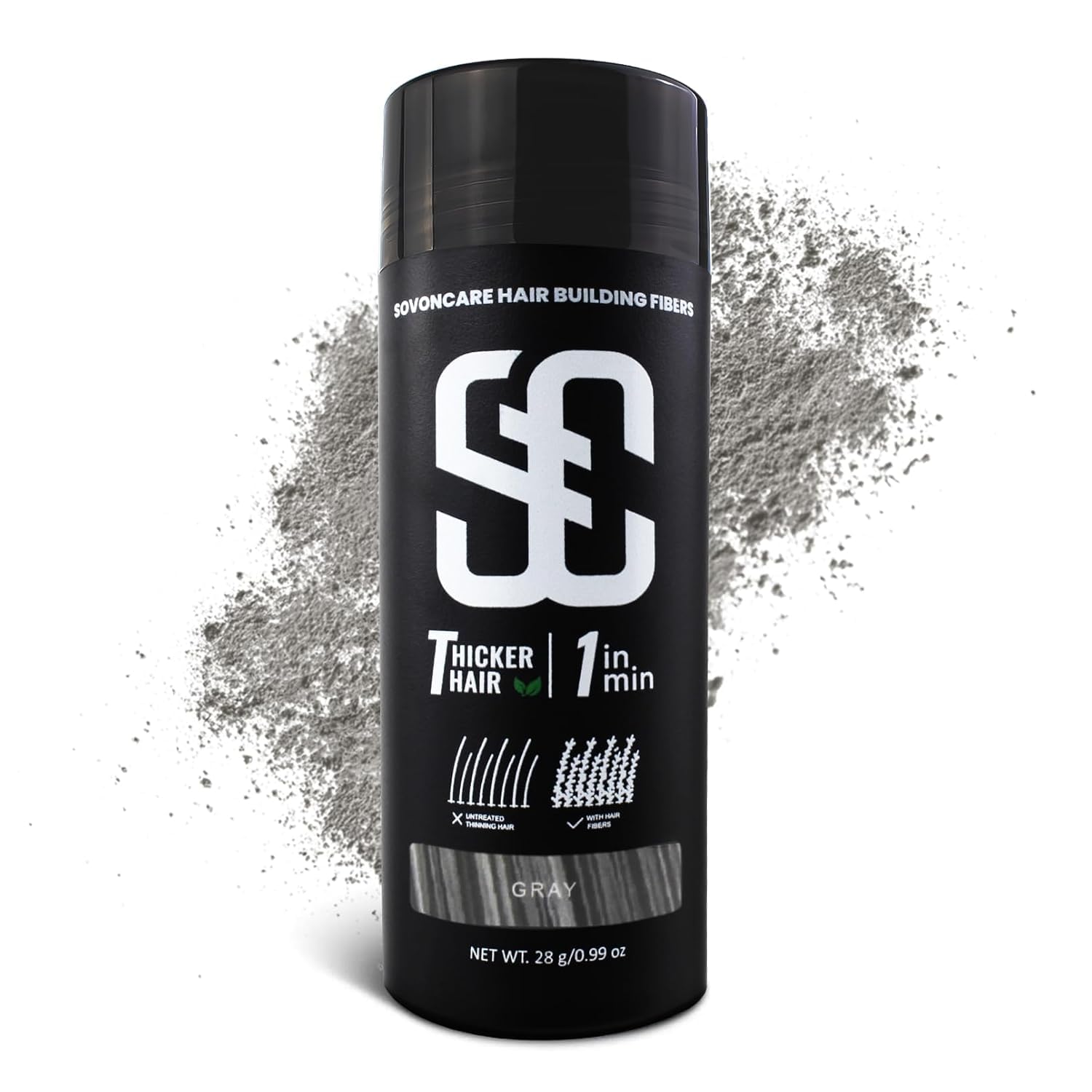 SOVONCARE Hair Fibers for Men, Hair Fibres Gray Hair Powder for Thinning Hair Thickener, Best Hair Thickening Products Hair Loss Concealer For Men & Women 28g (Gray) โ image 1