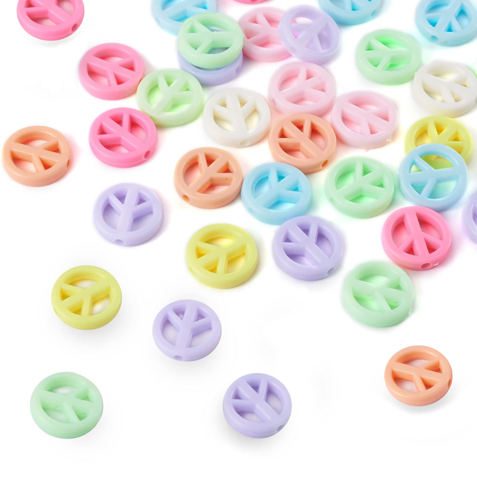 PandaHall 100pcs Opaque Acrylic Beads 16x3mm Flat Round with Peace Sign Acrylic Loose Beads for DIY Craft Jewelry Making, Random Mixed Color
