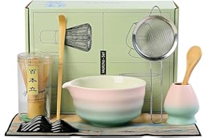 MOCHACHAJU Matcha Whisk Set - Matcha Bowl and Bamboo Matcha Whisk, Scoop, Spoon, Sifter, Whisk Holder, 8pcs Perfect Matcha Starter Kit for Matcha Tea Ceremony (Gradient）