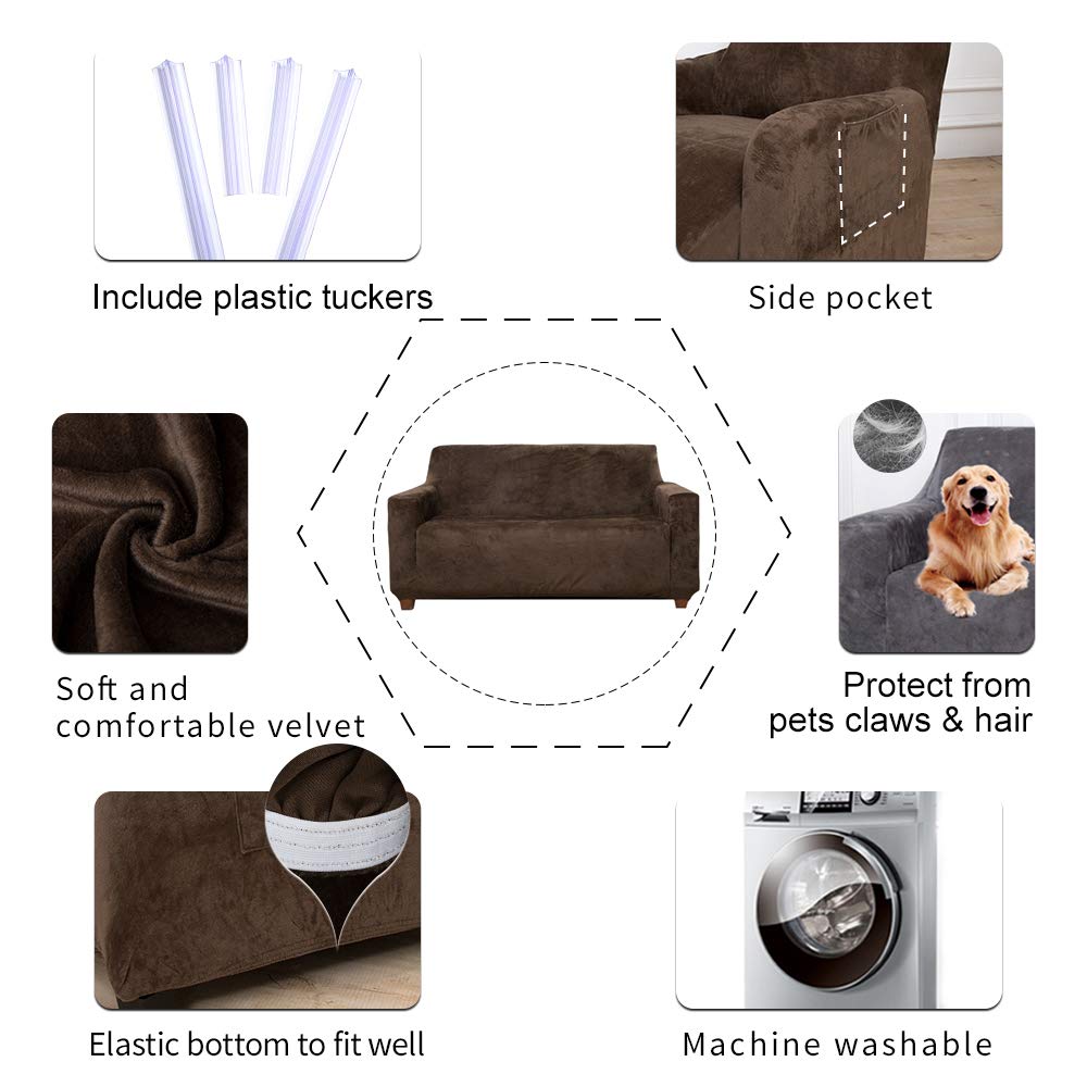 ACOMOPACK Velvet Sofa Cover Stretch Couch Cover for 2 Cushion Couch Cover Sofa Slipcover with Plastic Tuckers and Side Pocket for Living Room Furniture Protector for Dogs(Loveseat, Coffee)
