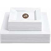 Pryntono 100 Pack White Square Plastic Plates, Includes 50 Dinner Plates 9.5" and 50 Dessert Plates 6.5", Heavy Duty Disposable Plates for Wedding, Holiday Party, Birthday, White