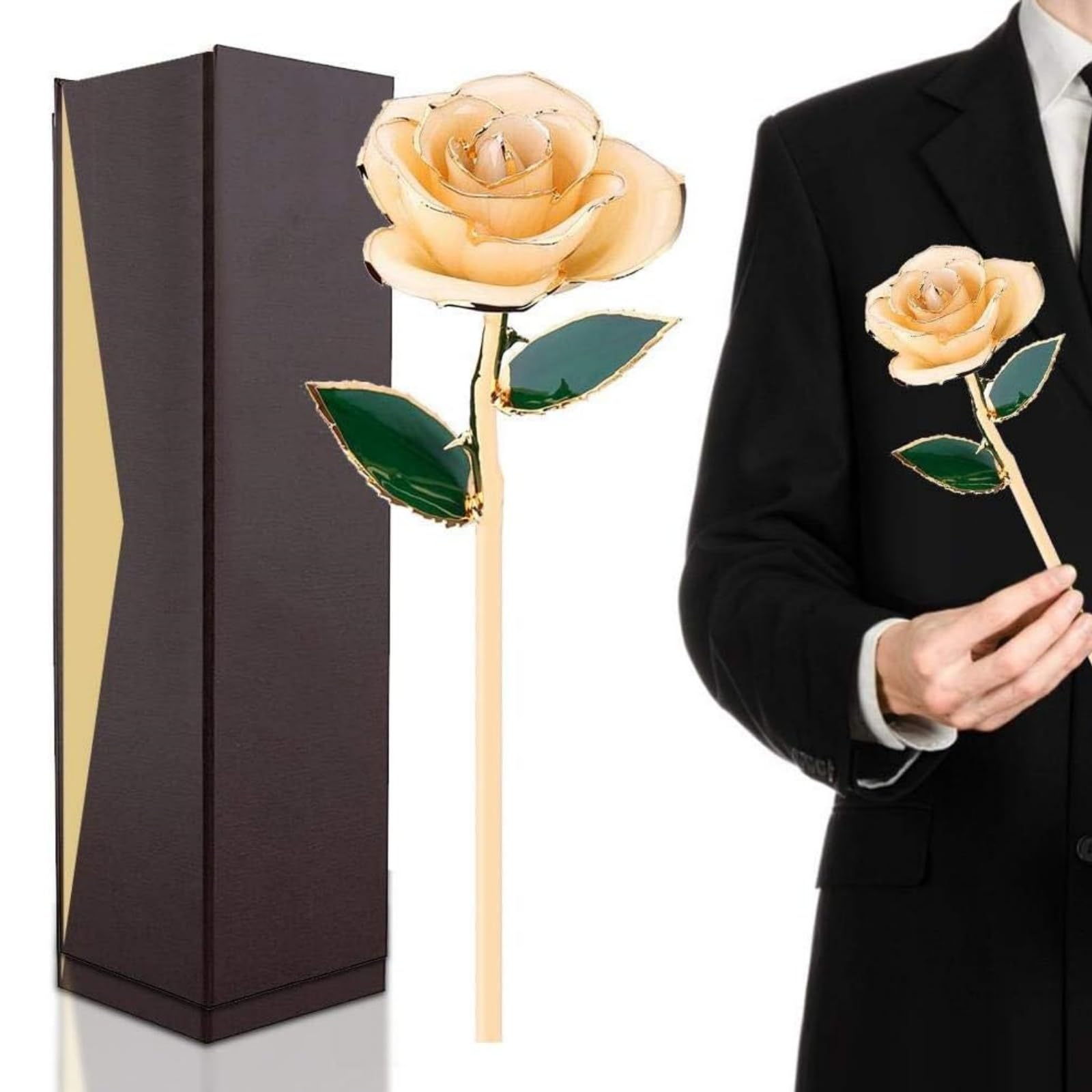 FILFEEL 24K Gold Rose, Dipped Flower Gift for Her Made of Fresh Rose, Last Forever Mother's/Thanksgiving/Christmas/Valentine's/Birthdays Party/Graduations/Weddings (Yellow)