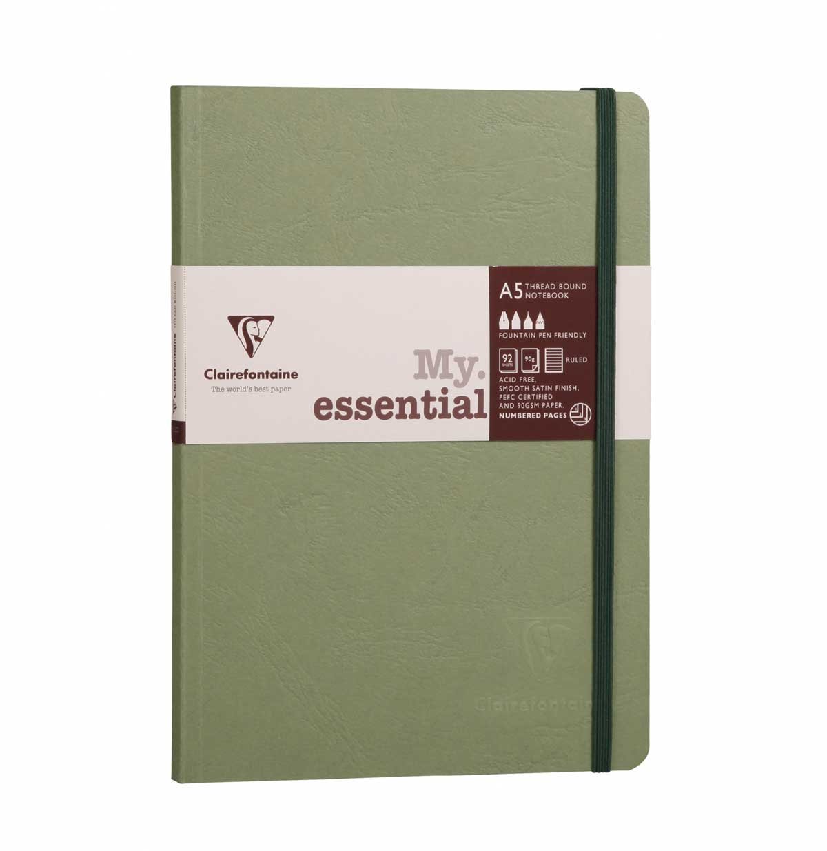 Clairefontaine 793463C Collection Age Bag Stitched Elastic Notebook MyEssential Green A5 14,8x21cm - 192 Numbered Lined Pages - 90g Ivory Paper - Leather Cover