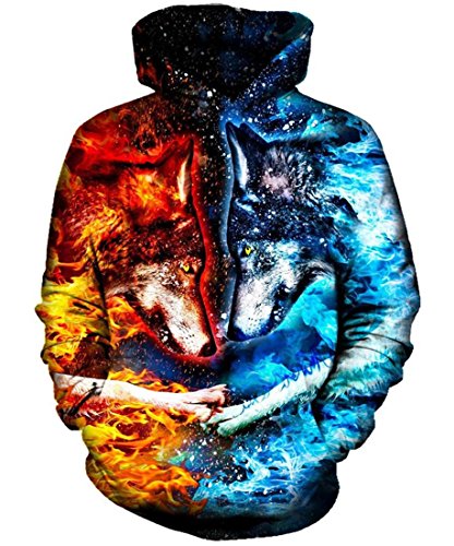 Your Love Hipster Fire and Ice Wolf Print Hoodie Pullover Hip Hop Men Women Sweatshirt Hooded Hoody Tops