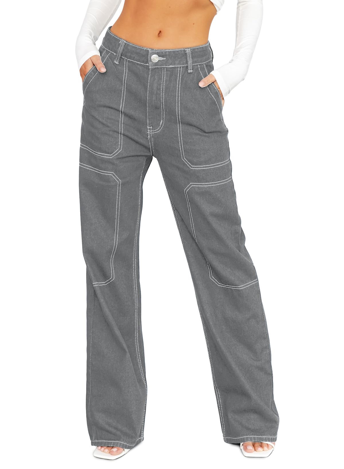 Photo 1 of Sidefeel Women's Cargo Jeans High Waisted Casual Stretch Wide Leg Denim Pant Size 14 Gray