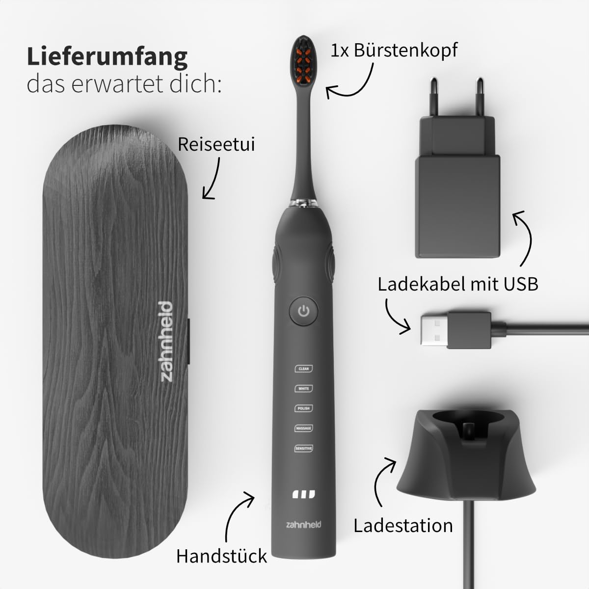 Zahnheld® Elektrische Schallzahnbürste GERO G2 | Bewährte Qualität mit Bürstenkopf & Etui | schwarz 6