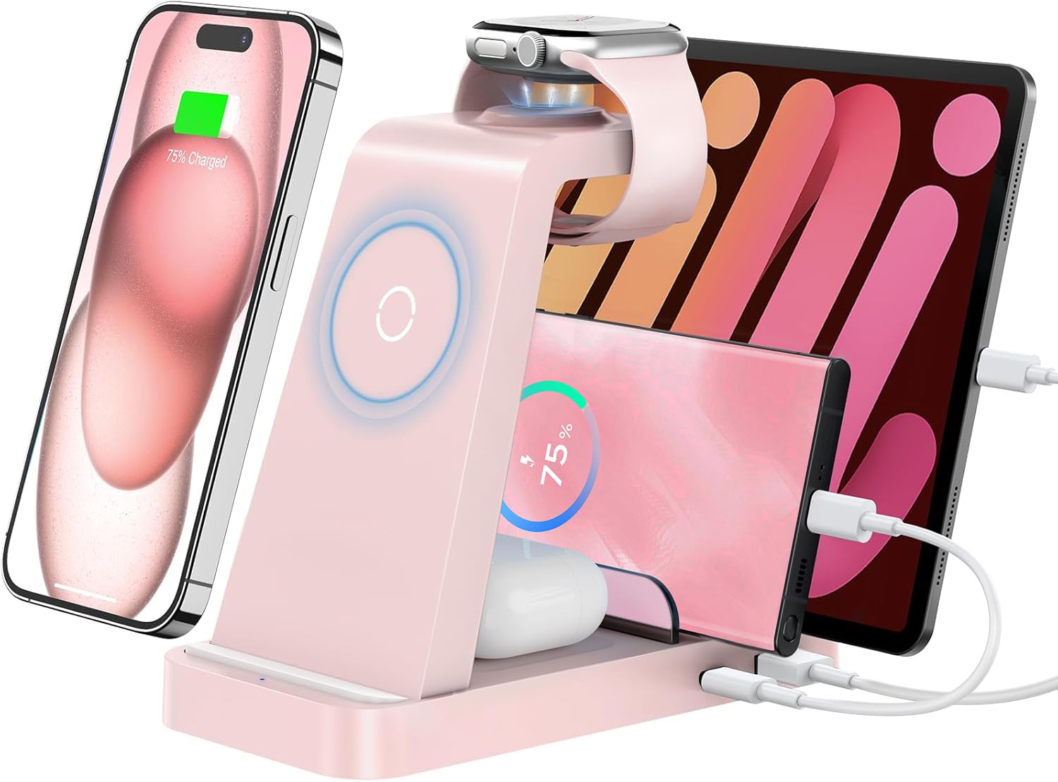 Photo 1 of GAUOLN Wireless Charger for iPhone - 5 in 1 Charging Station for Multiple Devices Apple: Fast Wireless Charging Stand Dock for iPhone 16e 16 15 14 13 12 Pro Max Apple Watch (Pink)