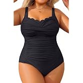 Plus Size One Piece Swimsuit- Tummy Control Full Coverage Bathing Suit | Scalloped, Unremovable cups, Adjustable Straps, Ruched, Full Coverage, Full Lining, Twist Front