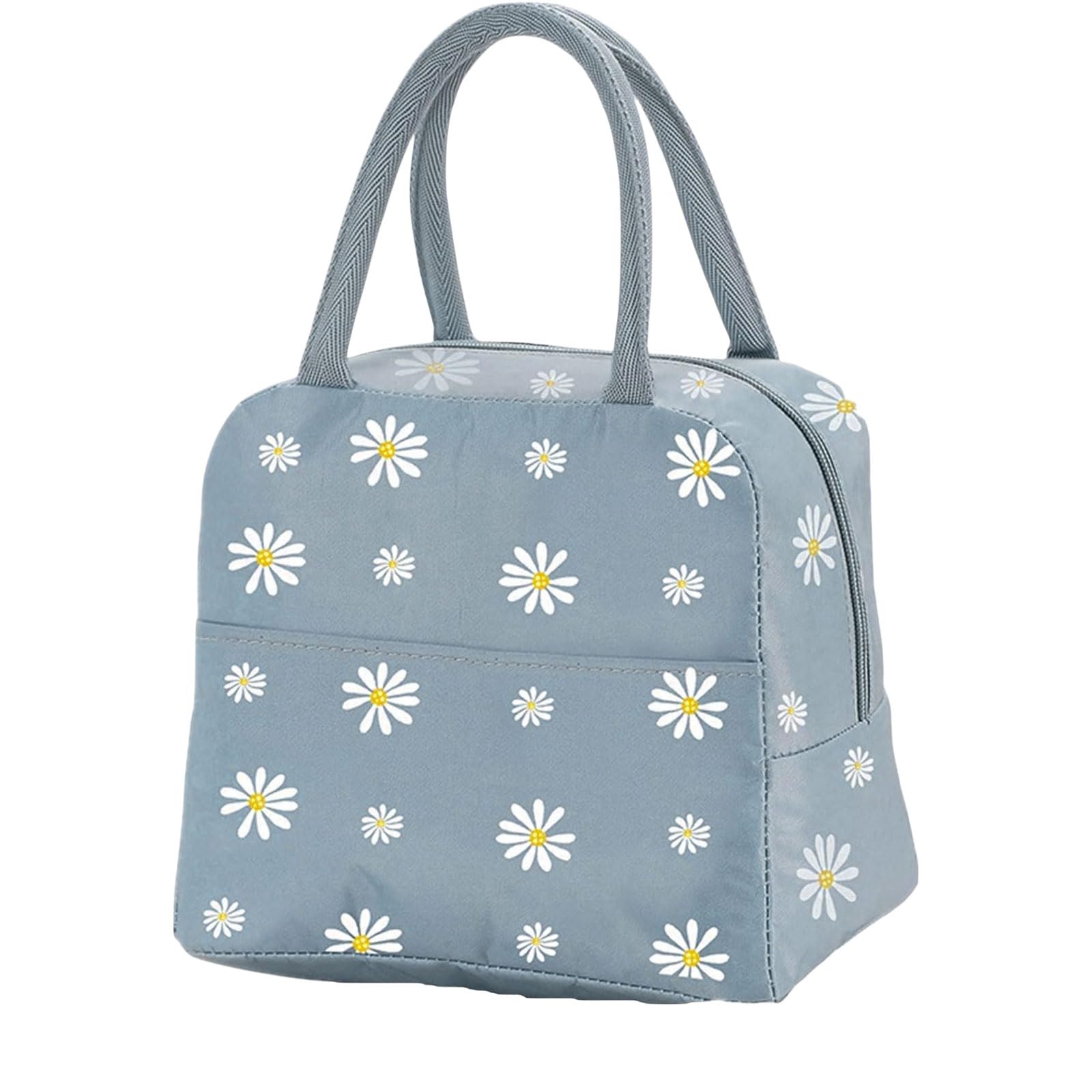 Elionless Insulated Lunch Bag, Portable Thermal Lunch Bags Cooler Bag Daisy Pattern Lunch Box Organizer Tote Bag for Women Adults Kids Girls Work School Picnic Camping Travel (Grey Blue)
