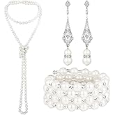 3 Pcs 1920s Pearl Jewelry Set - Including Pearl Necklace, Dangle Rhinestone Earrings & Bracelet for Women's Halloween Party
