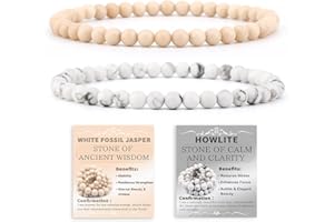 NCB 2-Piece 4mm Natural Crystal Gemstone Stretch Bracelets – ﻿Howlite, White Fossil Jasper Handmade Reiki Energy Healing Jewe