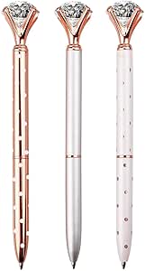 LONGKEY 3PCS Diamond Pens Big Crystal Diamond Ballpoint Pen Bling Metal Ballpoint Pen Offices and Schools, Silver/White With Rose Polka Dots/Rose Gold with White Polka Dots, Includes 3 Pen Refills.