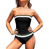 CUPSHE Women's Tankini Sets Two Piece Swimsuit Square Neck Bandeau Bathing Suit Spaghetti Adjustable Removable Straps