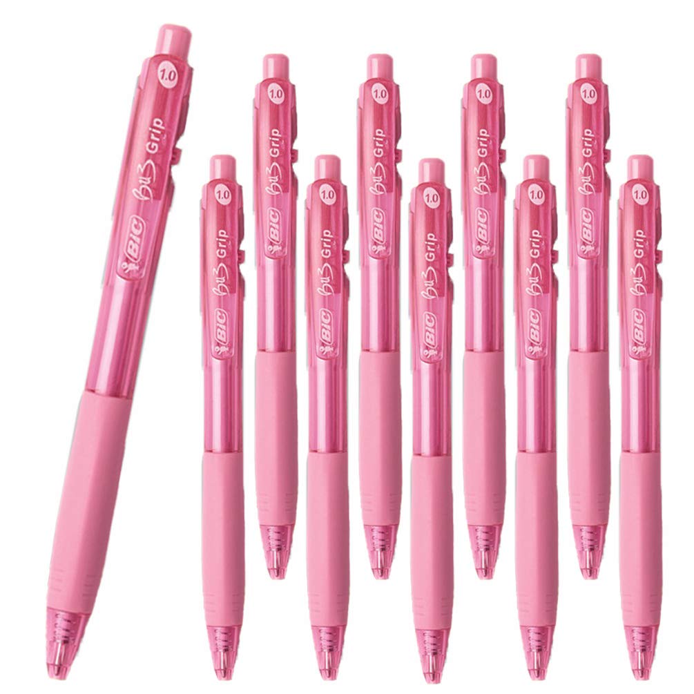 10 x BIC BU3 Grip Retractable Ballpoint Pen with slide click Retraction, Medium Point, 1.0 mm [PINK] (OEM Packed - Non-Retail Packaging)