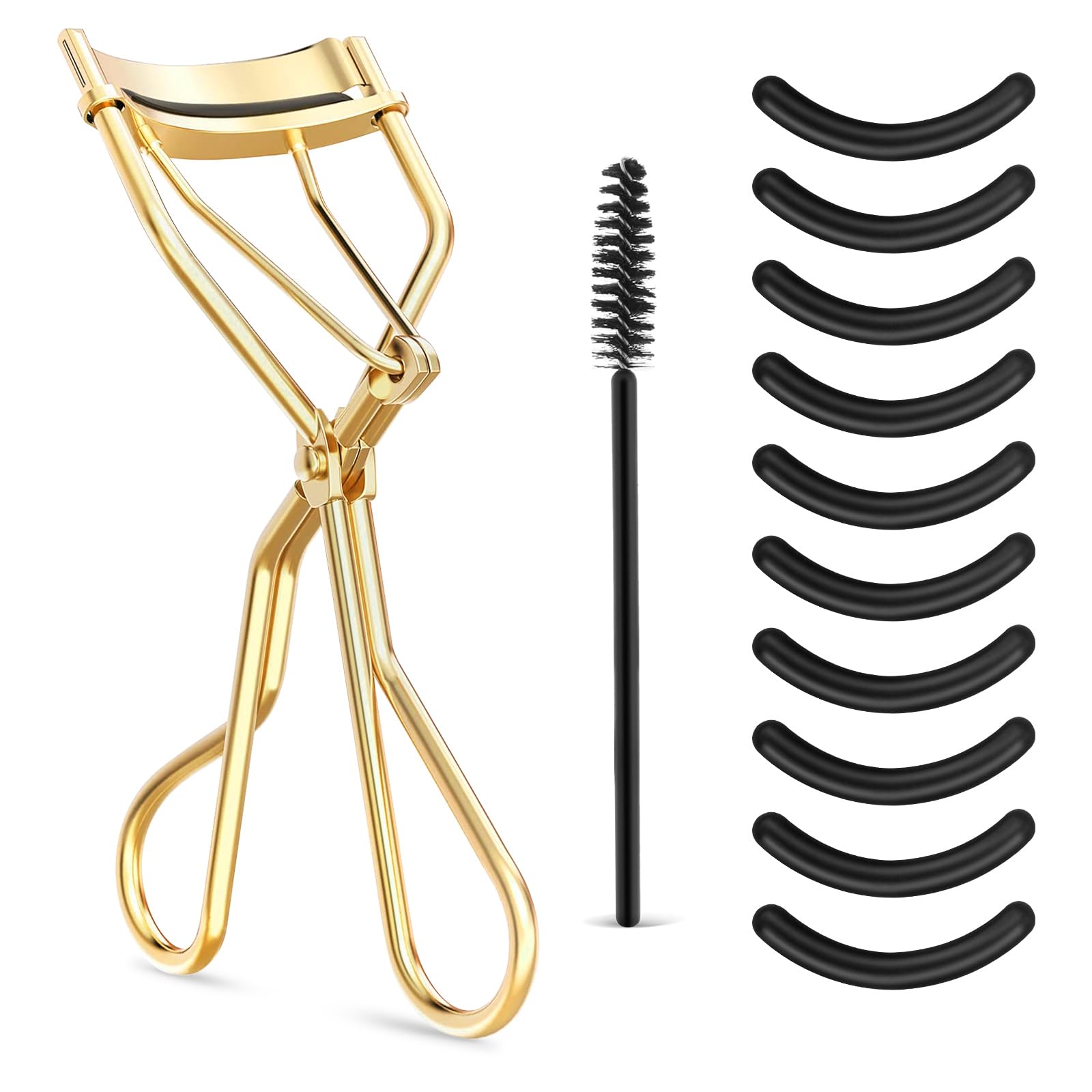 WLLHYF Eyelash Curler Kit, Beauty Eyelash Comb with 10 Black Silicone Refill Pads and 1 Mascara Brush Metal Eyelash Separator Universal Lash Curler Makeup Tool for Women and Girls (Gold Plating)