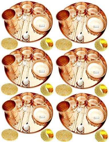 Prisha India Craft Pure Copper Dinner Thali Set, Dinnerware & Serveware, Set of 6