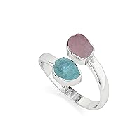 LUSTRE AND LIGHT Natural Raw/Rough Aquamarine & Morganite 2 Stone Size Adjustable Stackable Twister Ring for Women in Sterling Silver, March & June Birthstone Jewelry Gifts for Her (Bezel-Set)