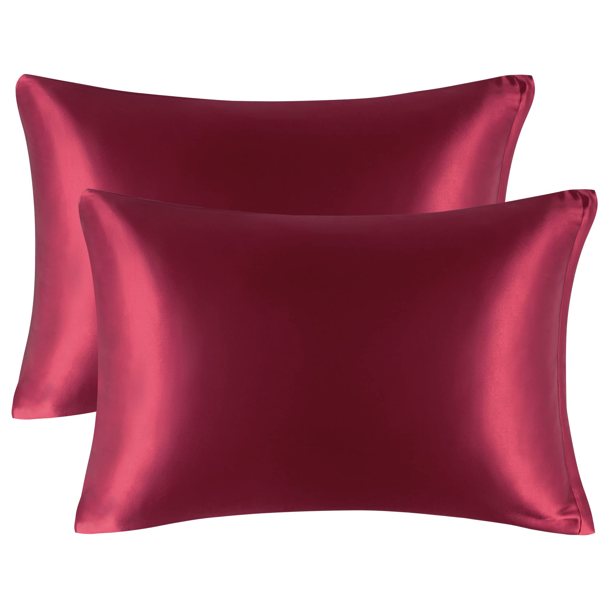 PiccoCasa Satin Pillow Cases 2 Pack, Satin Silk Pillowcase for Hair and Skin with Zipper Closure Soft Pillow Cases Cover Set Burgundy 50 x 90cm