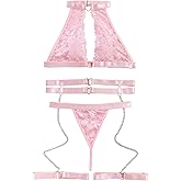 Foxiny Sexy Halter Heart Ring Cutout Chain Floral Lace Sheer Garter Belt Lingerie Set 3 Piece