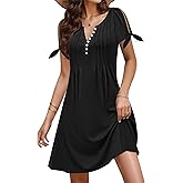 SAUKOLE Womens Summer Dresses Tie Knot Short Sleeve Sundress Casual Buttons V Neck Pleated Front Dress with Pockets
