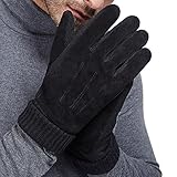LETHMIK Mens Black Winter Gloves Suede Leather Knit Cuff with Warm Thick Fleece Lining Black
