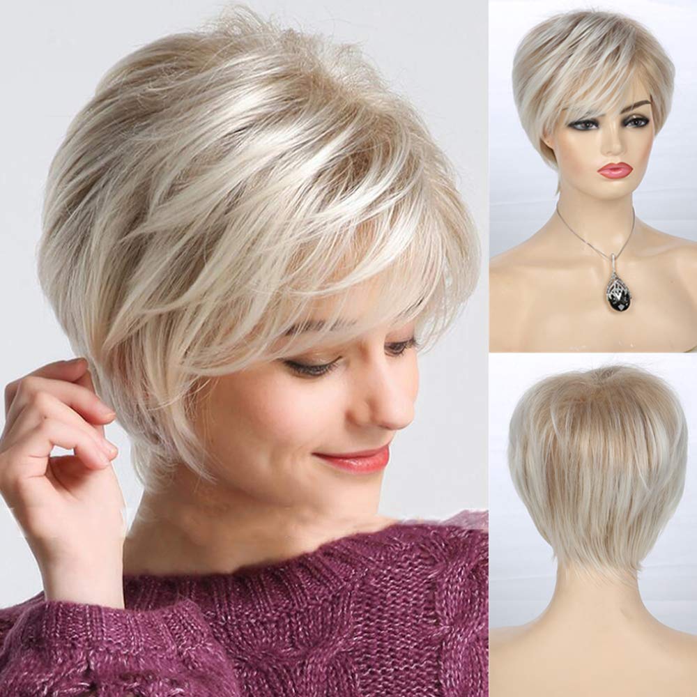 Short Wigs for Women Blonde Pixie Cut Layered Wig with Bangs Synthetic Hair for Cosplay Halloween Daily