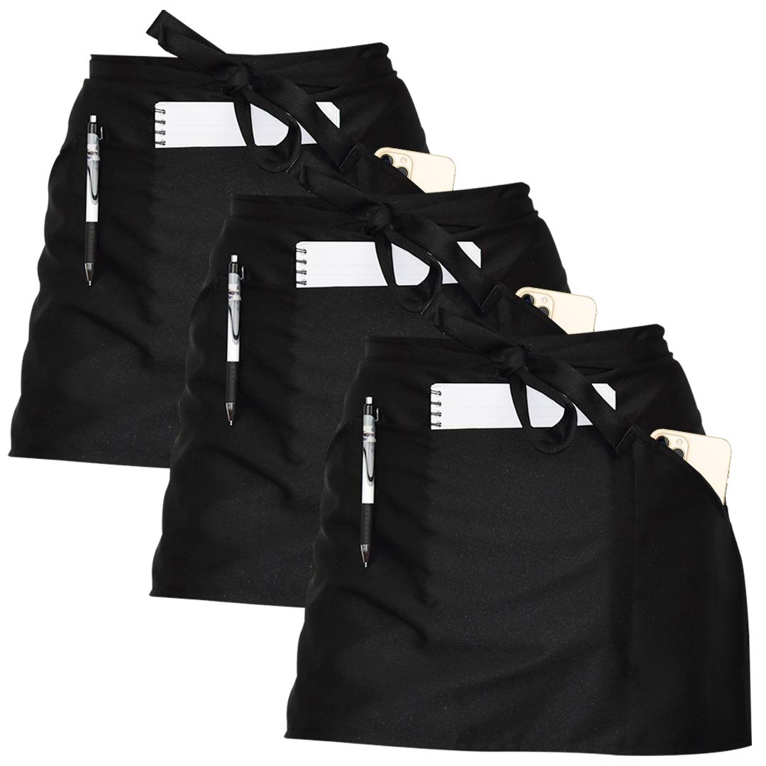 Joeji's Set of 3 Waist Waitress Apron with Pockets - Unisex Bistro Cafe Restaurant Gardening Half Aprons - Washable Waterproof & Protective Women Ladies Men Half Apron - Black