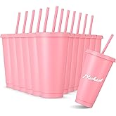 Amyhill 12 Pcs Reusable Cups with Lids and Straws 24 oz Plastic Tumbler Iced Coffee Cup Travel Mug for Smoothie Juices Birthdays Sleepover Party Supplies for Girls (Pink)