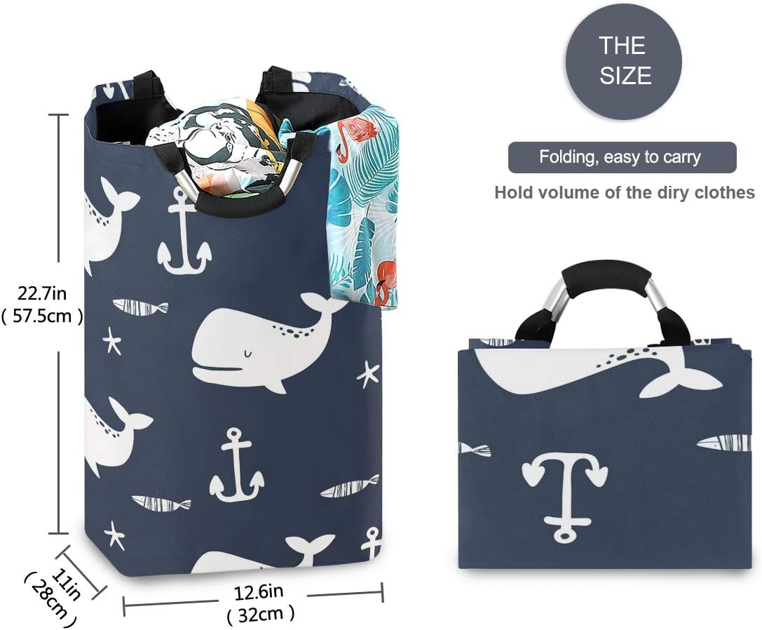 Akiog Laundry Basket Large Whale Fish Anchor Print Laundry Hamper Collapsible With Handles Hampers For Laundry