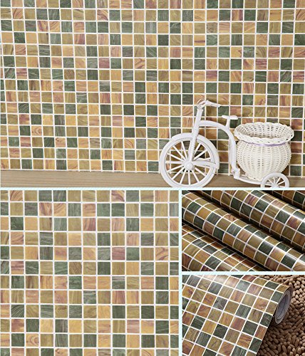 Amao Yellow and Green Mosaic Contact Paper Vinyl Self Adhesive Backsplash Waterproof Counter Top Wallpaper 17.7''x78.7''