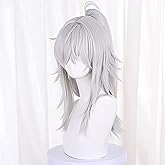maysuwell HSR Anime Silver White Wigs with Bangs and Ponytail Long Straight Wig Adult COS Game JingYuan Cosplay Wigs Halloween,Christmas,Comic con,Game Show,Party