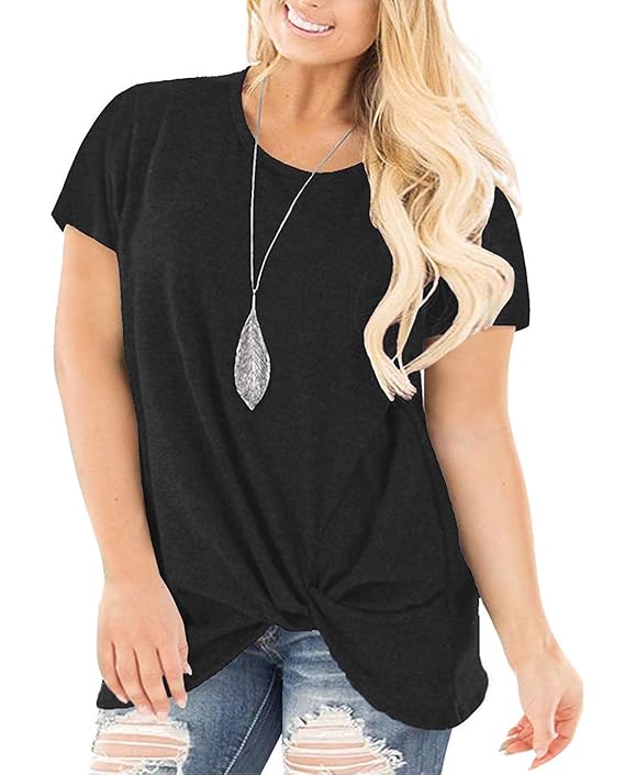 Women's Plus Size Curve Twist Front Short Sleeve Top Casual Loose Solid T-Shirt with Side Knot Black 14W