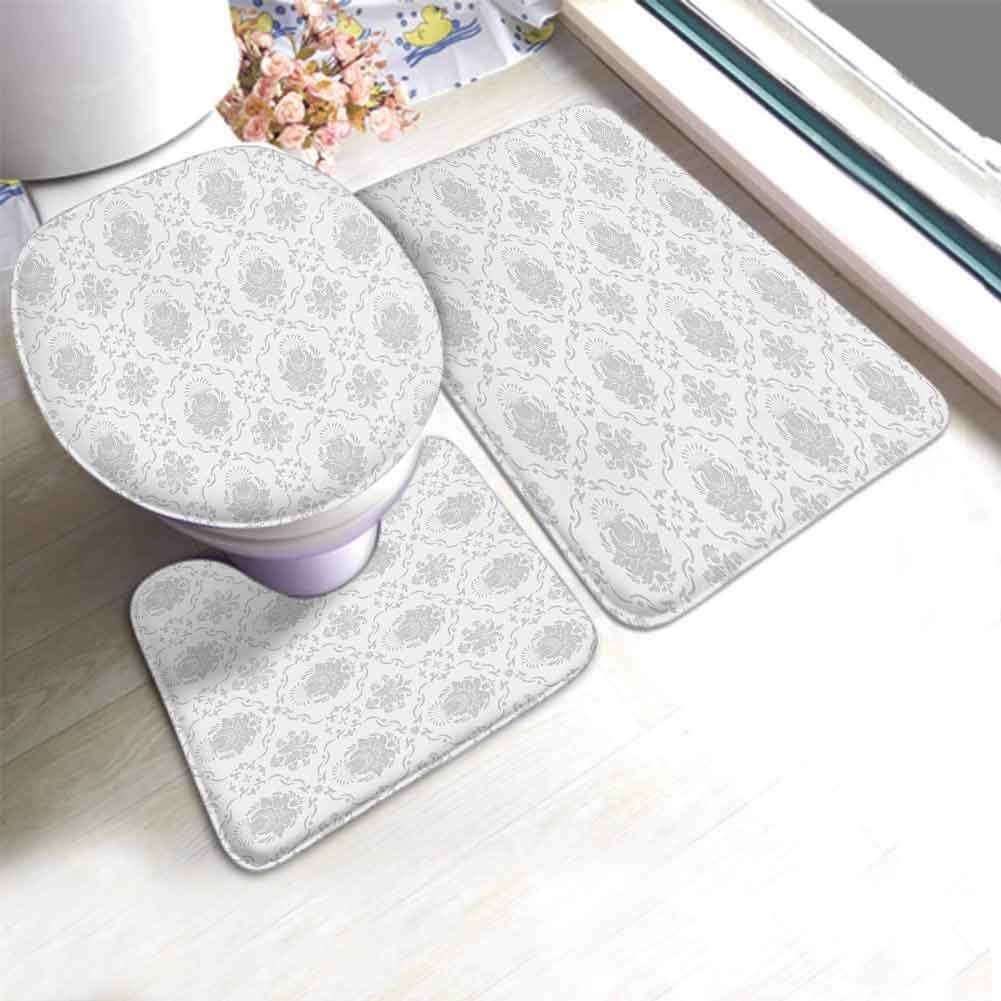 Grey Washable Bath Rug Set Classic Victorian Floral